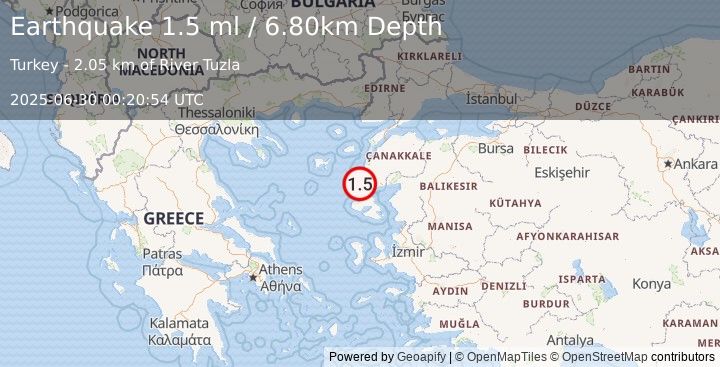 Earthquake NEAR THE COAST OF WESTERN TURKEY (1.5 ml) (2025-06-30 00:20:54 UTC)