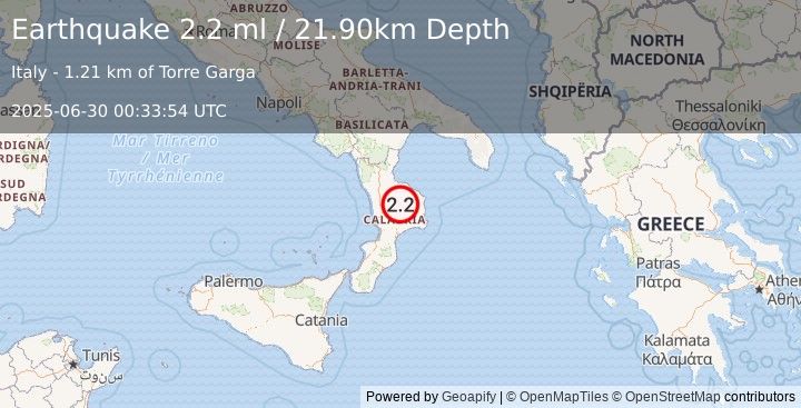 Earthquake SOUTHERN ITALY (2.2 ml) (2025-06-30 00:33:54 UTC)