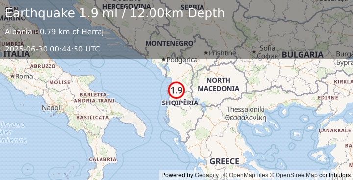 Earthquake ALBANIA (1.9 ml) (2025-06-30 00:44:50 UTC)