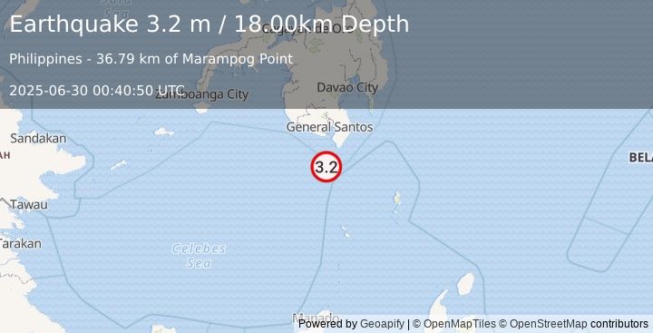Earthquake MINDANAO, PHILIPPINES (3.2 m) (2025-06-30 00:40:50 UTC)