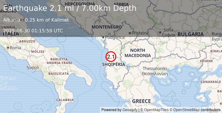 Earthquake ALBANIA (2.1 ml) (2025-06-30 01:15:59 UTC)