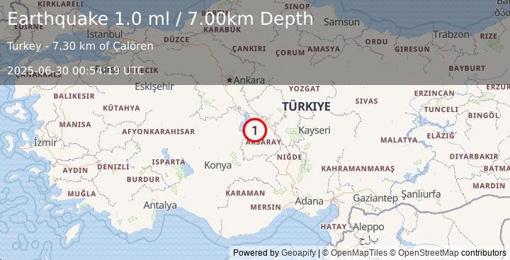 Earthquake CENTRAL TURKEY (1.0 ml) (2025-06-30 00:54:19 UTC)