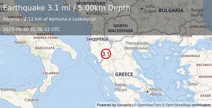 Earthquake ALBANIA (2.8 ml) (2025-06-30 01:36:51 UTC)