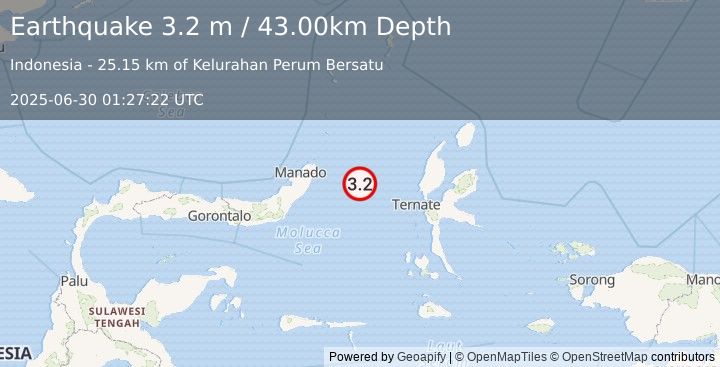 Earthquake MOLUCCA SEA (3.2 m) (2025-06-30 01:27:22 UTC)