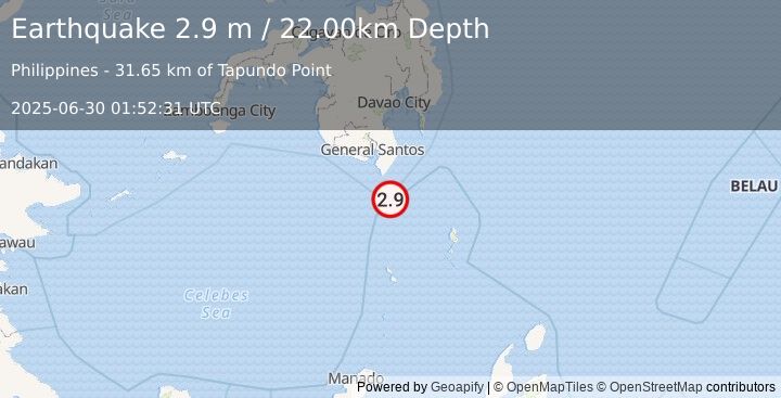 Earthquake MINDANAO, PHILIPPINES (2.9 m) (2025-06-30 01:52:31 UTC)