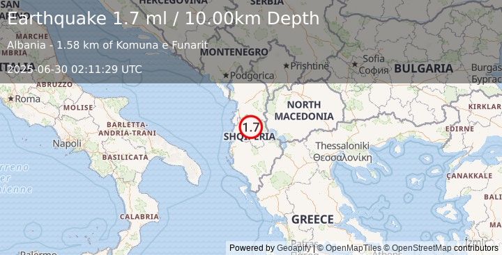 Earthquake ALBANIA (2.0 ml) (2025-06-30 02:11:27 UTC)