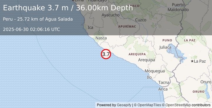 Earthquake NEAR COAST OF SOUTHERN PERU (3.7 m) (2025-06-30 02:06:16 UTC)