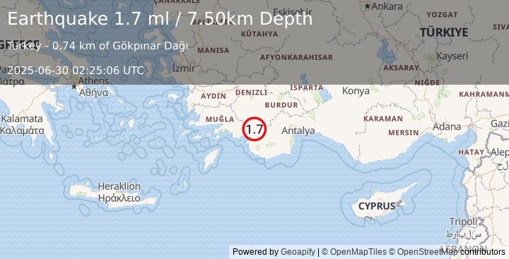 Earthquake WESTERN TURKEY (1.7 ml) (2025-06-30 02:25:06 UTC)