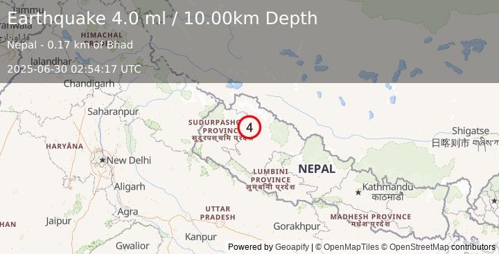 Earthquake NEPAL (4.0 ml) (2025-06-30 02:54:21 UTC)