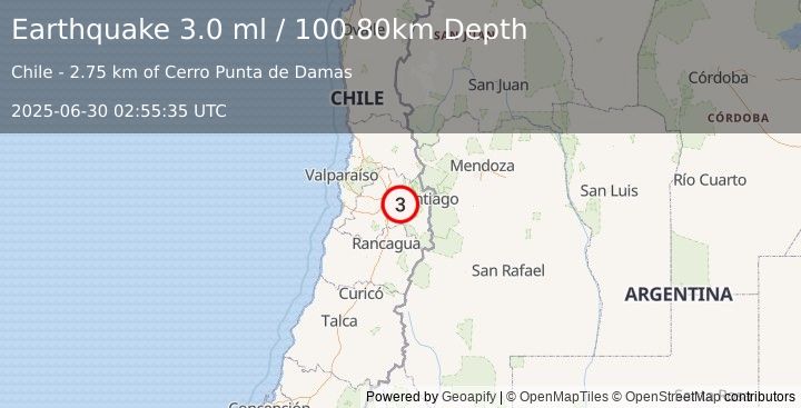 Earthquake REGION METROPOLITANA, CHILE (3.0 ml) (2025-06-30 02:55:35 UTC)