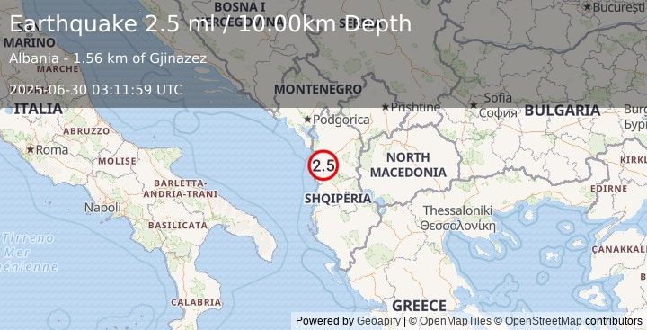 Earthquake ALBANIA (2.2 ml) (2025-06-30 03:11:55 UTC)