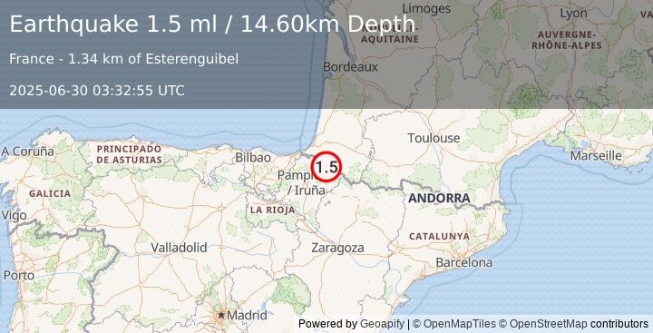 Earthquake PYRENEES (1.5 ml) (2025-06-30 03:32:55 UTC)