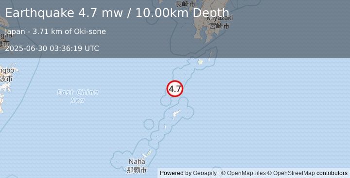 Earthquake RYUKYU ISLANDS, JAPAN (4.7 mw) (2025-06-30 03:36:19 UTC)