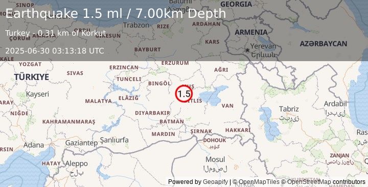 Earthquake EASTERN TURKEY (1.5 ml) (2025-06-30 03:13:18 UTC)