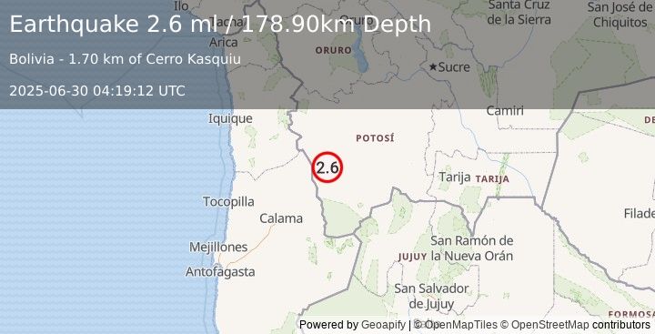 Earthquake POTOSI, BOLIVIA (2.6 ml) (2025-06-30 04:19:12 UTC)