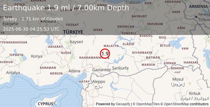 Earthquake CENTRAL TURKEY (1.9 ml) (2025-06-30 04:25:52 UTC)