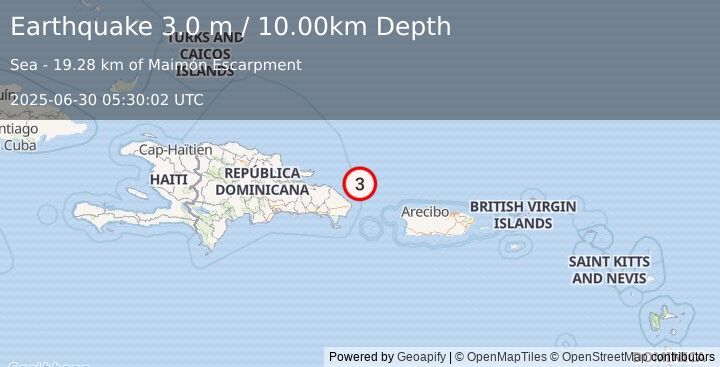 Earthquake DOMINICAN REPUBLIC REGION (3.0 m) (2025-06-30 05:30:02 UTC)
