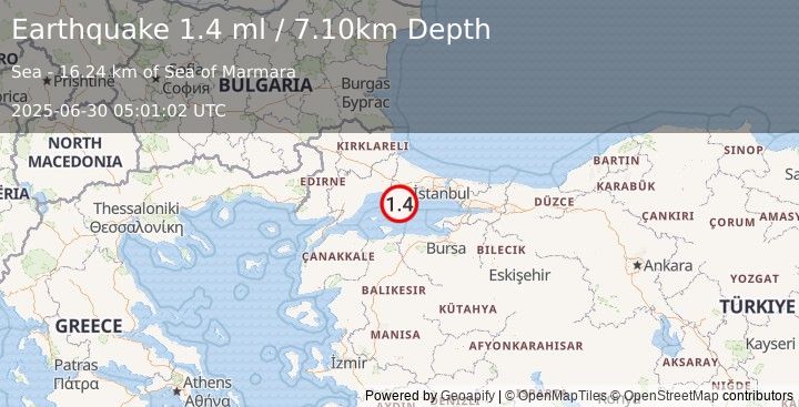 Earthquake WESTERN TURKEY (1.4 ml) (2025-06-30 05:01:02 UTC)