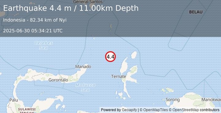 Earthquake MOLUCCA SEA (4.4 m) (2025-06-30 05:34:21 UTC)