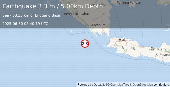 Earthquake SOUTHWEST OF SUMATRA, INDONESIA (3.3 m) (2025-06-30 05:40:19 UTC)