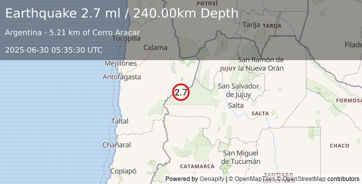 Earthquake SALTA, ARGENTINA (2.7 ml) (2025-06-30 05:35:30 UTC)