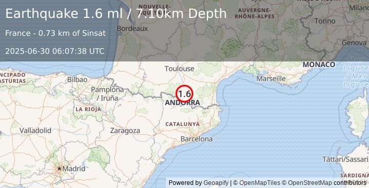 Earthquake PYRENEES (1.6 ml) (2025-06-30 06:07:38 UTC)