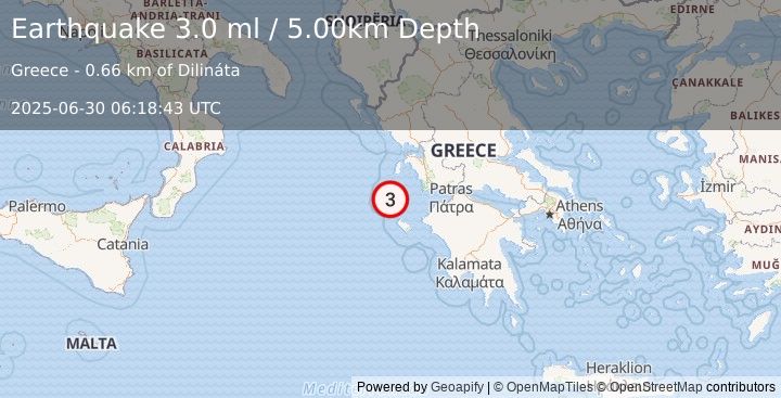 Earthquake GREECE (3.0 ml) (2025-06-30 06:18:43 UTC)