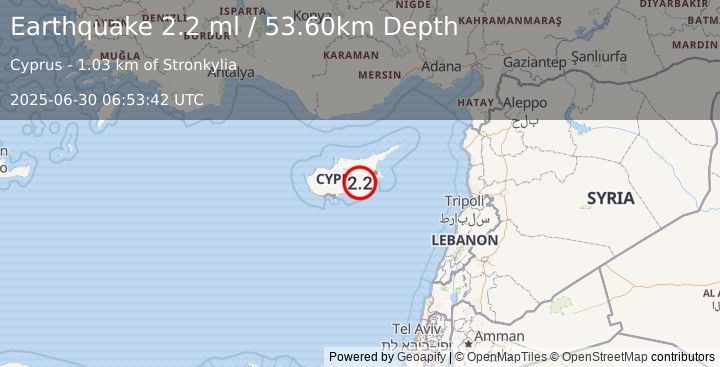 Earthquake CYPRUS REGION (2.2 ml) (2025-06-30 06:53:44 UTC)
