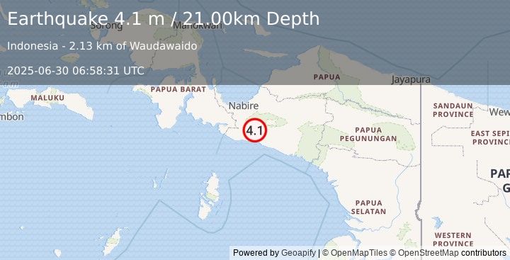 Earthquake NEAR S COAST OF PAPUA, INDONESIA (4.1 m) (2025-06-30 06:58:31 UTC)