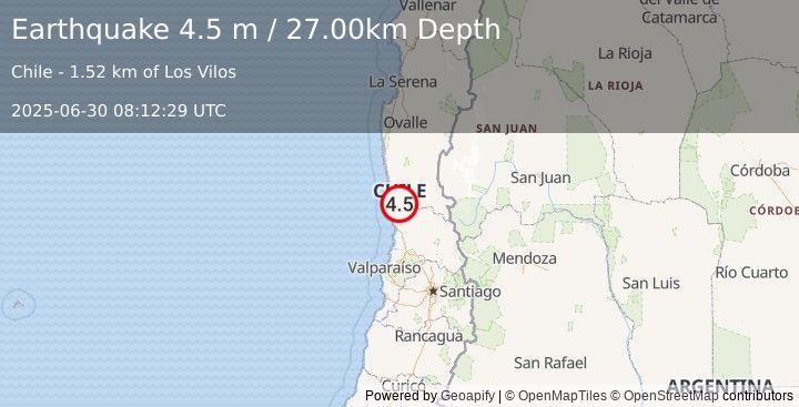 Earthquake COQUIMBO, CHILE (4.6 ml) (2025-06-30 08:12:28 UTC)