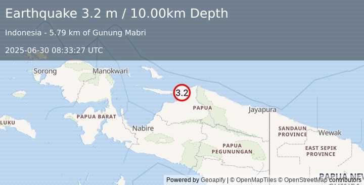 Earthquake NEAR N COAST OF PAPUA, INDONESIA (3.2 m) (2025-06-30 08:33:27 UTC)