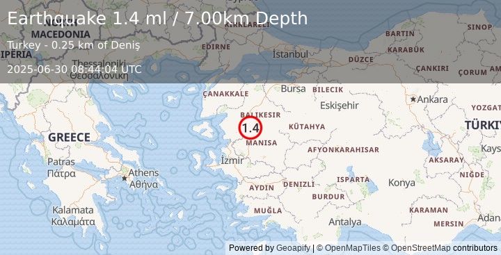 Earthquake WESTERN TURKEY (1.4 ml) (2025-06-30 08:44:04 UTC)