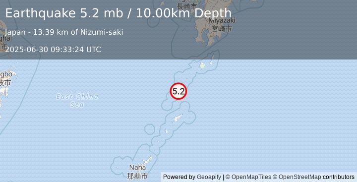 Earthquake RYUKYU ISLANDS, JAPAN (5.2 mw) (2025-06-30 09:33:23 UTC)