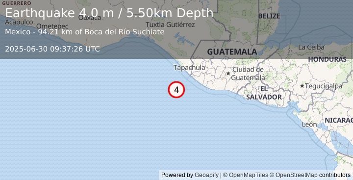 Earthquake OFFSHORE CHIAPAS, MEXICO (4.0 m) (2025-06-30 09:37:26 UTC)