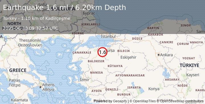 Earthquake WESTERN TURKEY (1.6 ml) (2025-06-30 09:32:57 UTC)