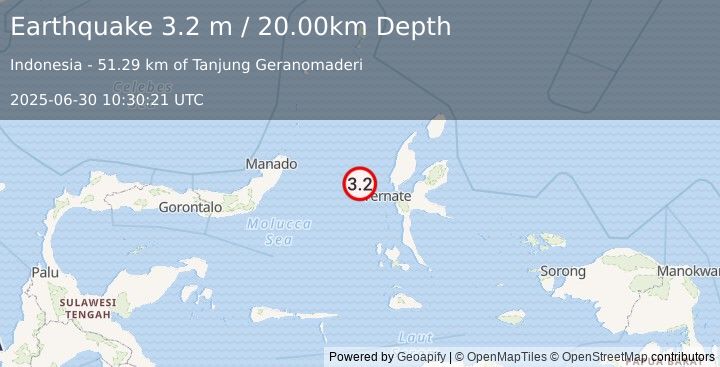 Earthquake MOLUCCA SEA (3.2 m) (2025-06-30 10:30:21 UTC)