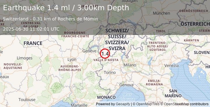 Earthquake SWITZERLAND (1.4 ml) (2025-06-30 11:02:01 UTC)