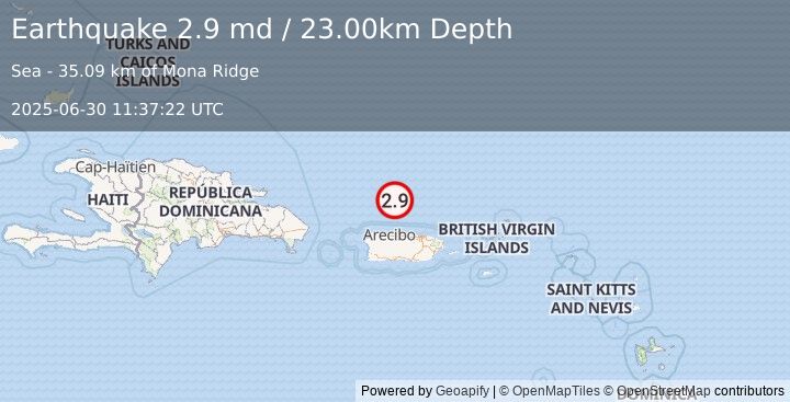 Earthquake PUERTO RICO REGION (2.9 md) (2025-06-30 11:37:22 UTC)