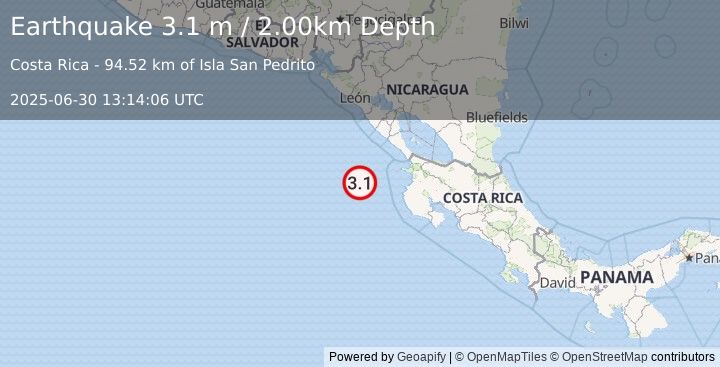 Earthquake OFF COAST OF COSTA RICA (3.1 m) (2025-06-30 13:14:06 UTC)