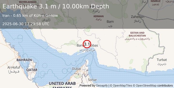 Earthquake SOUTHERN IRAN (3.1 m) (2025-06-30 13:29:58 UTC)