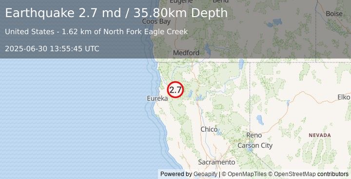 Earthquake NORTHERN CALIFORNIA (2.7 md) (2025-06-30 13:55:45 UTC)