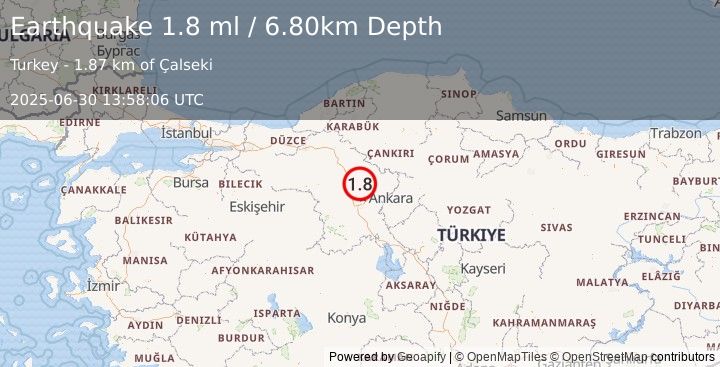 Earthquake CENTRAL TURKEY (1.8 ml) (2025-06-30 13:58:06 UTC)