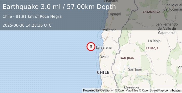 Earthquake OFFSHORE COQUIMBO, CHILE (3.0 ml) (2025-06-30 14:28:36 UTC)
