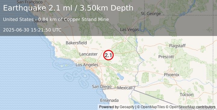 Earthquake SOUTHERN CALIFORNIA (2.1 ml) (2025-06-30 15:21:50 UTC)