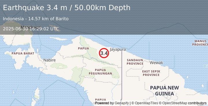 Earthquake NEAR N COAST OF PAPUA, INDONESIA (3.4 m) (2025-06-30 16:29:02 UTC)