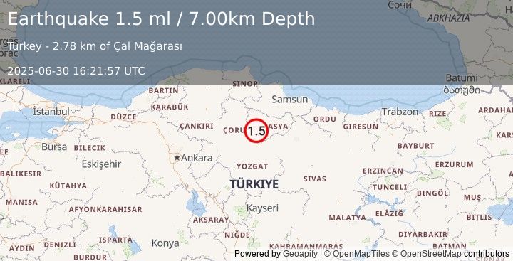 Earthquake CENTRAL TURKEY (1.5 ml) (2025-06-30 16:21:57 UTC)