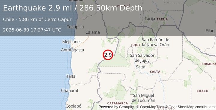 Earthquake ANTOFAGASTA, CHILE (2.9 ml) (2025-06-30 17:27:47 UTC)