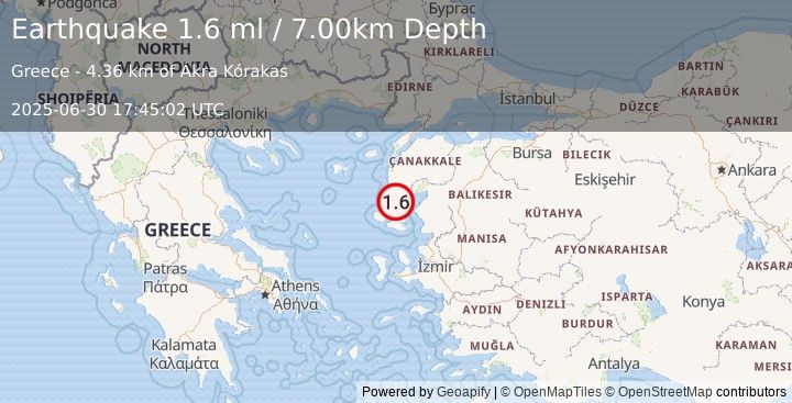 Earthquake NEAR THE COAST OF WESTERN TURKEY (1.6 ml) (2025-06-30 17:45:02 UTC)