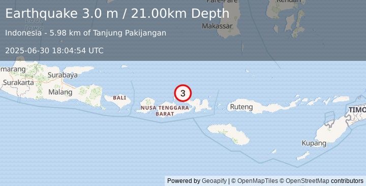 Earthquake SUMBAWA REGION, INDONESIA (3.0 m) (2025-06-30 18:04:54 UTC)