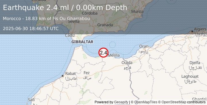 Earthquake STRAIT OF GIBRALTAR (2.4 ml) (2025-06-30 18:46:57 UTC)